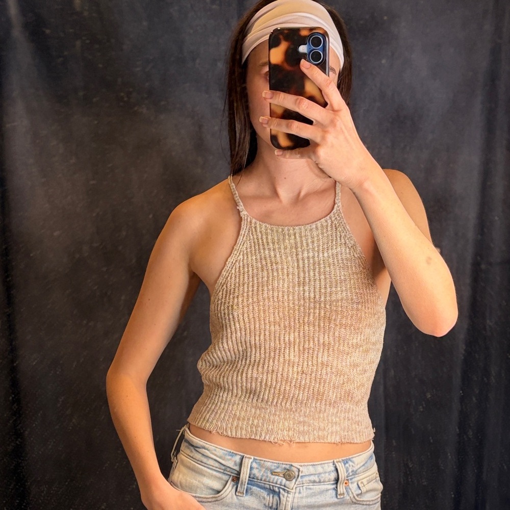 Women's Beige Knit Cropped Tank Top